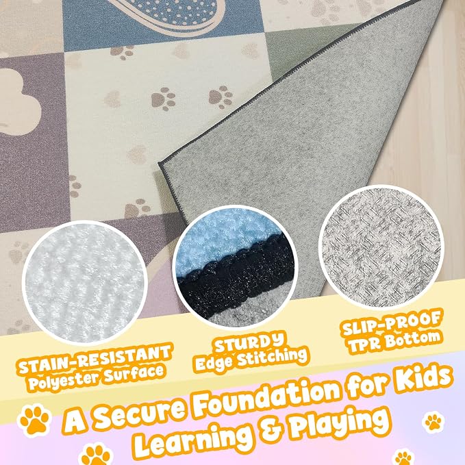 Preschool Classroom Rug 5x7, Paw Print Low Pile Kids Area Rug - Image 3