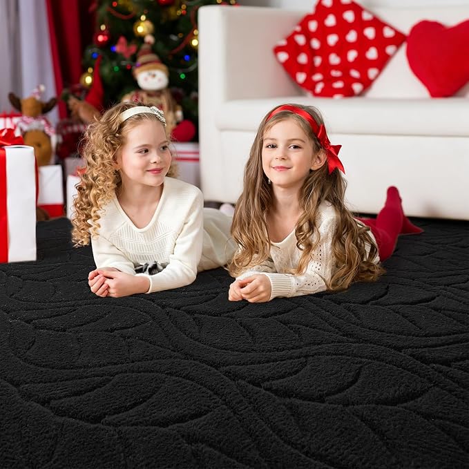 5x7 Black Washable Area Rug for Bedroom Living Room, Leaf Geometric Patter Shag - Image 3