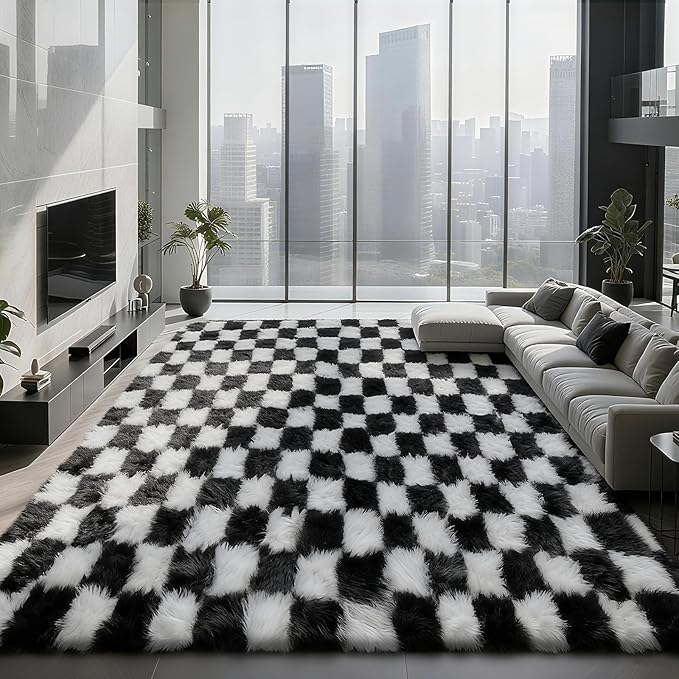 Checkered Area Rugs for Bedroom Living Room, 6x9 Black and White Fluffy Soft - Image 2