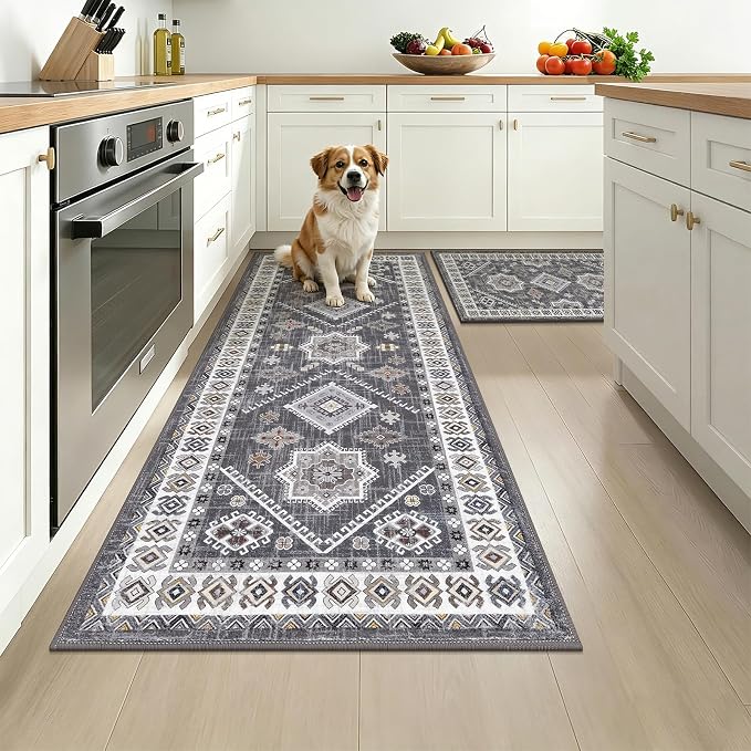 HEBE Boho Kitchen Rugs Sets of 2, Non Slip Washable Kitchen Mats by HEBE
