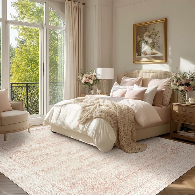 Light Pink Bedroom Rugs 6x9 Vintage Distressed Aesthetic Cute Boho Floral - Image 8