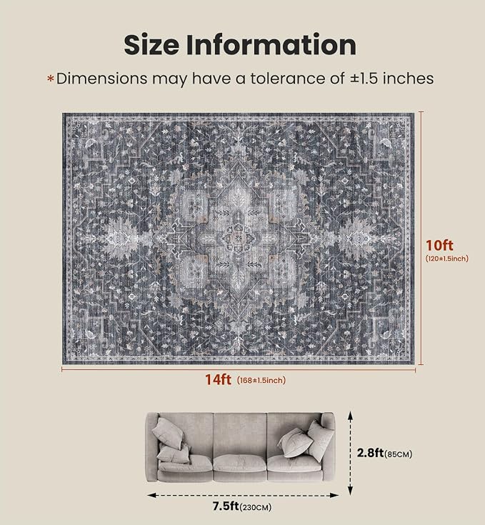 AMADA HOMEFURNISHING 10x14 Washable Area Rug, Low-Profile Large Area Rug - Image 2