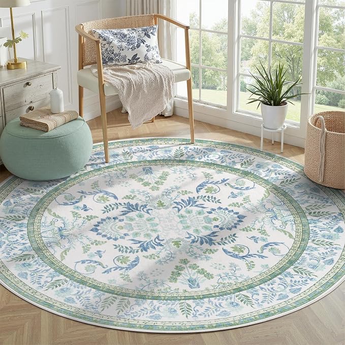 DCX Area Rug 4x4 Botanical Floral Washable Rugs in Green and Blue Soft Non Slip - Image 2