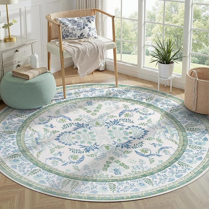 DCX Area Rug 5x5 Botanical Floral Washable Rugs in Green and Blue Soft Non Slip by DCXWashableRug