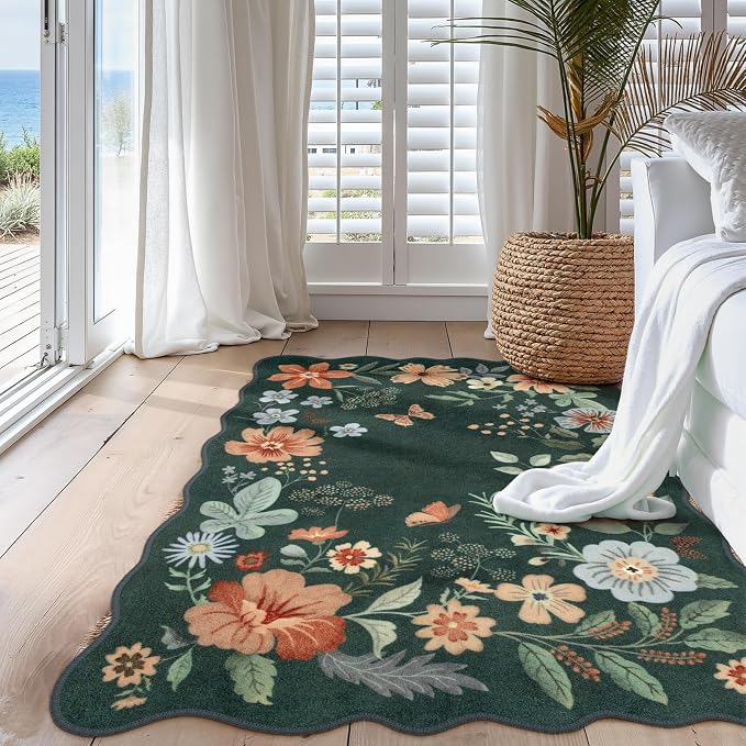 Lahome Floral Washable Rug- 4x6ft Green Bedroom Girls Ultra-Thin Soft Living - Image 3