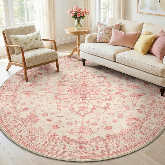 RELEANY Area Rugs Round 6ft Washable Non-Slip, Floral Vintage Distress by RELEANY