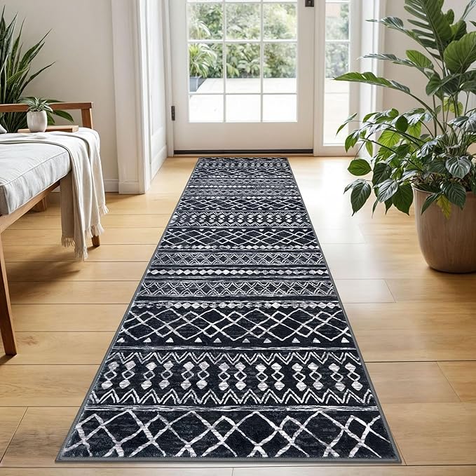 KUTA Boho Vintage Hallway Runners 2x5 ft Black Moroccan Washable Runner Rug by KUTA