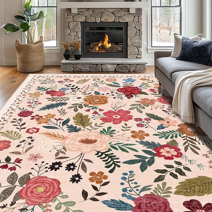 8x10 Area Rugs for Living Room Clearance Washable Boho Area Rug, Vintage Floral by Unknown