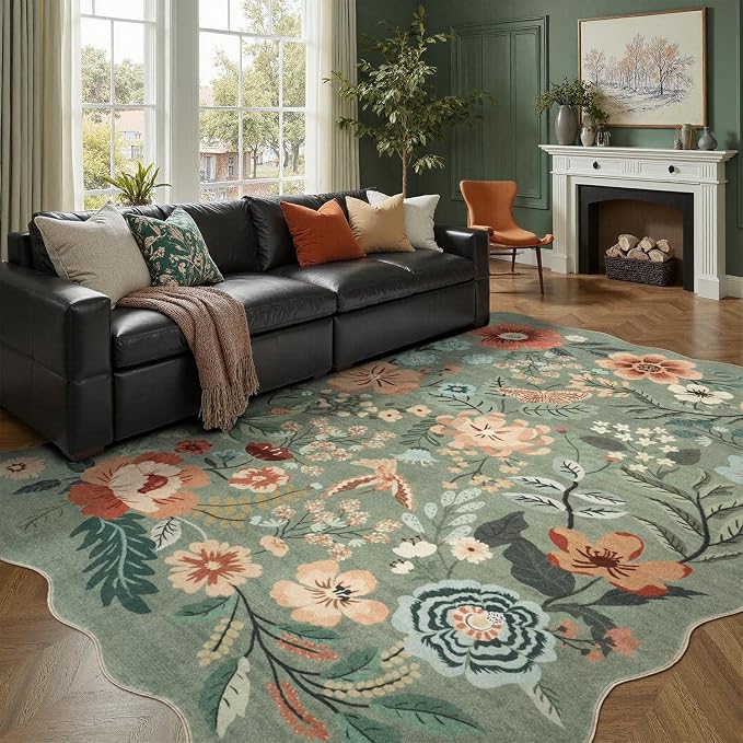 DCX Vintage Floral Rug 9x12, Washable Sage Green Rug - Image 3