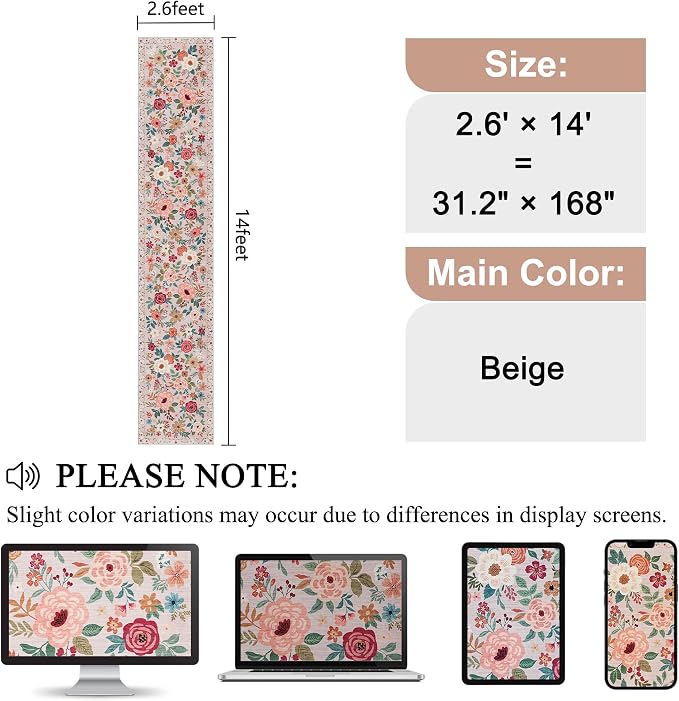 DUKINO 2.6x14 Kitchen Runner Rug, Lightweight Floral Washable Rug - Image 2