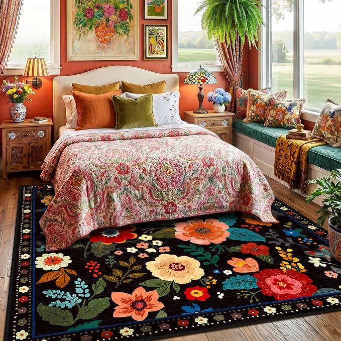 RELEANY Floral Square 8ft Area Rugs Washable Print Boho Cute Carpet Non Slip - Image 2