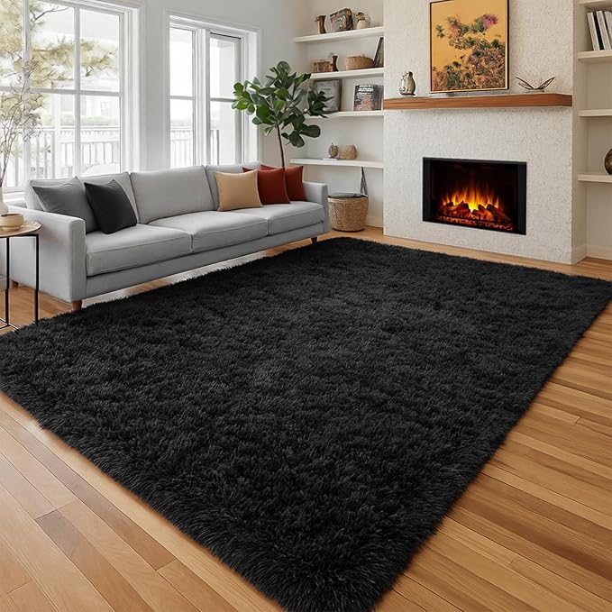 PAGISOFE Fluffy Shaggy Black Area Rug 8x10 Feet, Plush Rugs by PAGISOFE