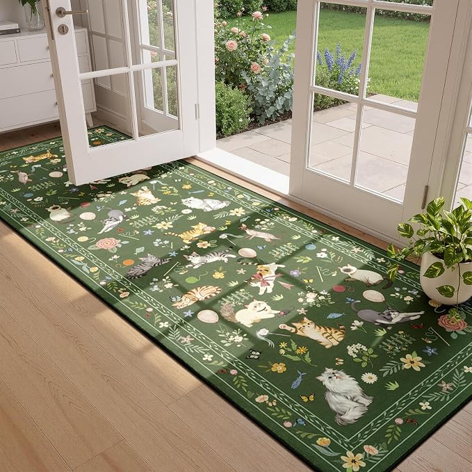 Unirea 2.6x8 Dark Green Cat Runner Rug, Washable Non Slip Botanical Rug - Image 7