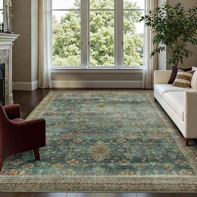 Latte&Fog 5x7 Area Rugs for Living Room, Vintage Green Washable Rug, Floral by LatteFog
