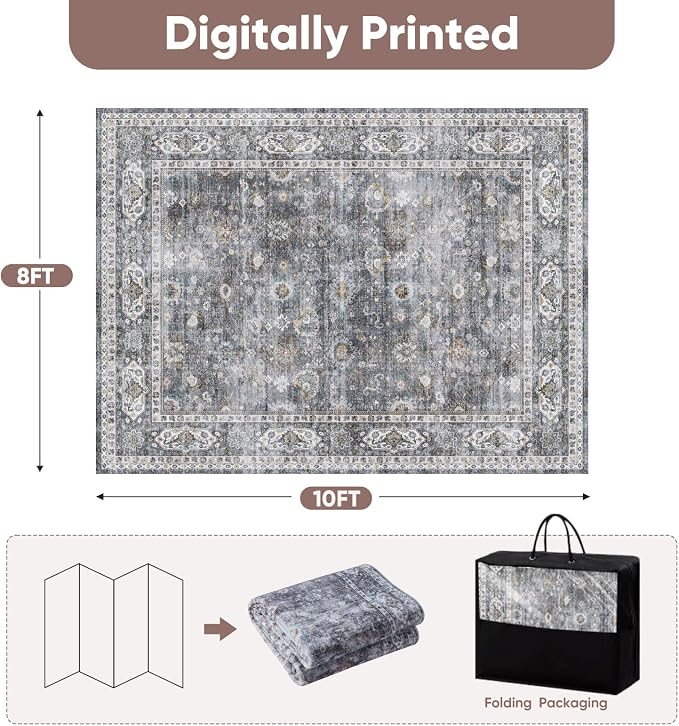 Rugcomf 8x10 Rug Washable Boho Soft Large Area Rug Non-Slip Faux Wool Vintage - Image 2