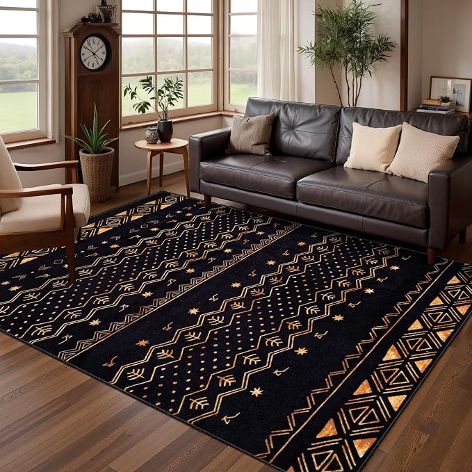 SERISSA 4x6 Area Rugs for Living Room, Washable Non-Slip Black and Gold Boho Rug by SERISSAHomeDecorCollection