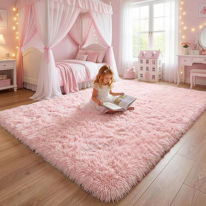 Light Pink Area Rugs for Bedroom Girls, Living Room Decor, Fluffy Fuzzy Plush - Image 7