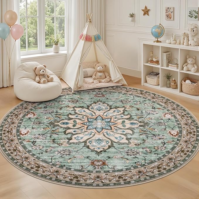 Round Area Rug for Living Room: 8 ft Washable Vintage Boho Soft Thin Circle Rug - Image 5