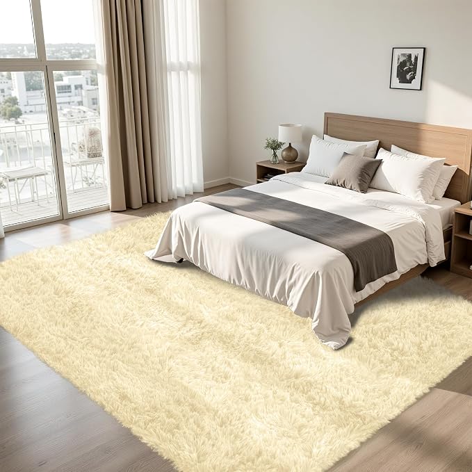 8x10 Area Rug for Living Room:Ultra Soft Fluffy Shag Cream White Rugs, Large - Image 4
