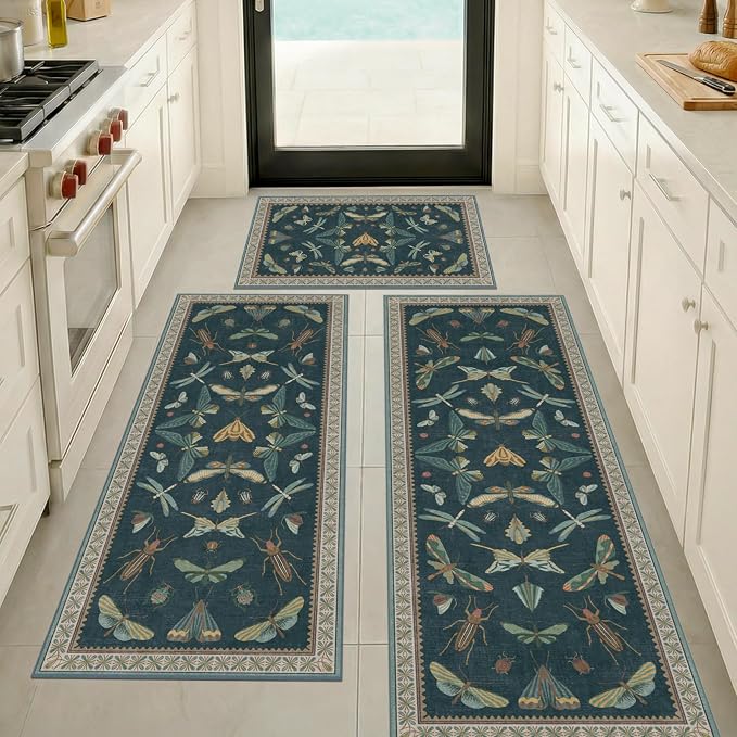 JTJ Botanical Insect Kitchen Rug Set of 3, Washable and Non-Slip Low Pile Floor - Image 6