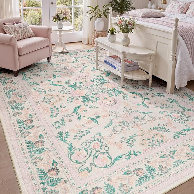 DCX 8x10 Pink Rug, Floral Rug for Girl’s Bedroom, Cute Soft Low Pile Non Slip by DCXWashableRug