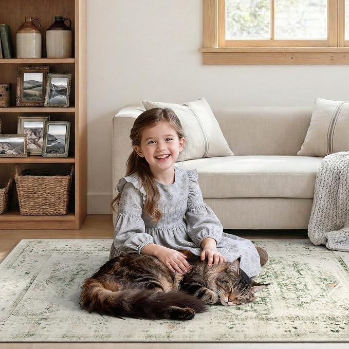 DCX 5x7 Green Rug, Machine Washable Stain Resistant Distressed Vintage Rug - Image 4