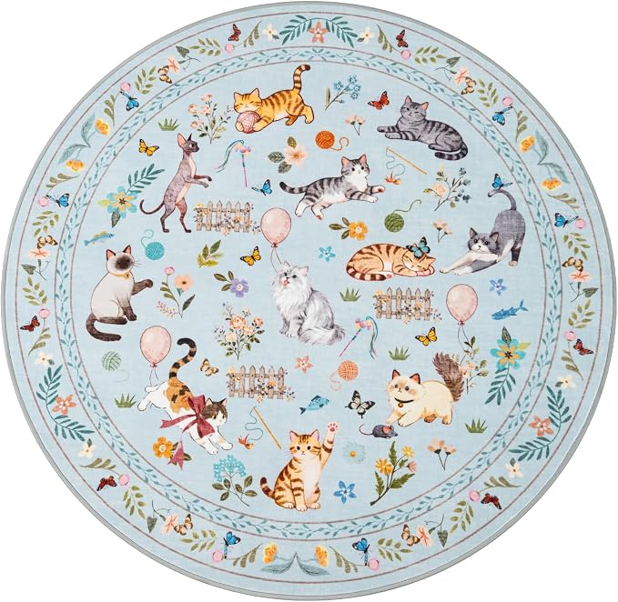 Unirea 4x4 Light Blue Grey Cat Round Area Rugs, Washable Soft Non Slip Circle - Image 9