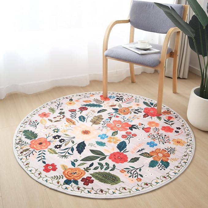 Rugcomf Round Rug 6ft Washable Circle Rug Non Slip Low Pile Boho Floral Small - Image 6