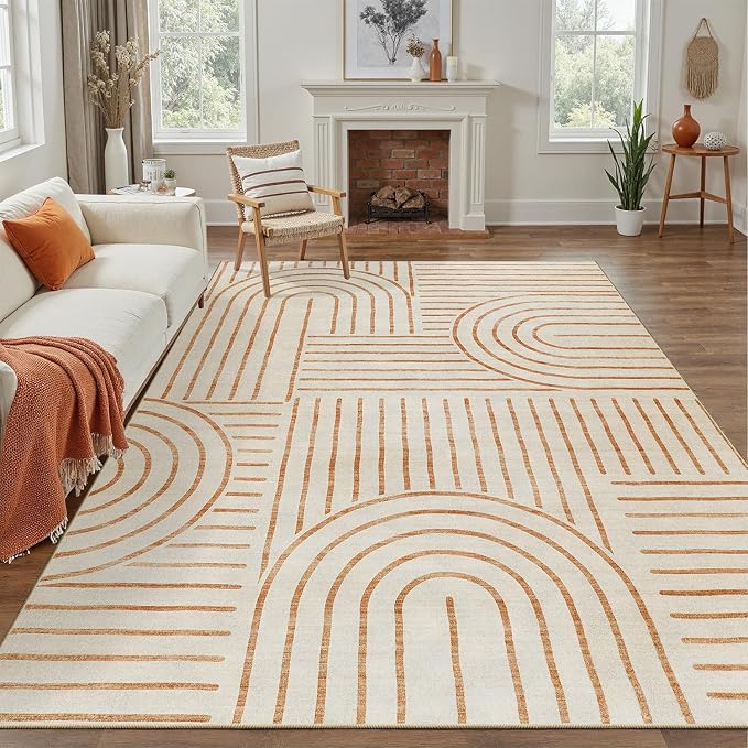 DCX Beige Machine Washable 6x9 Area Rug, Midcentury Modern Non Slip Stain by DCXWashableRug