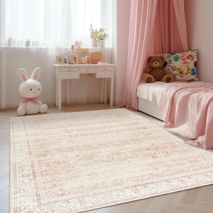 Light Pink Bedroom Rugs 6x9 Vintage Distressed Aesthetic Cute Boho Floral - Image 2