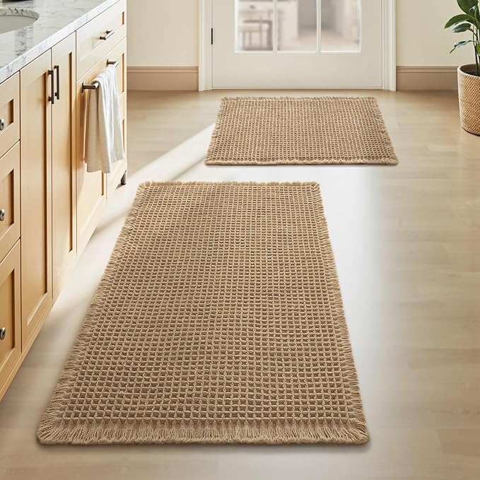 Upgraded Waffle Bath Mat Set of 2, Super Absorbent Non Slip Bath Mats by AMOAMI