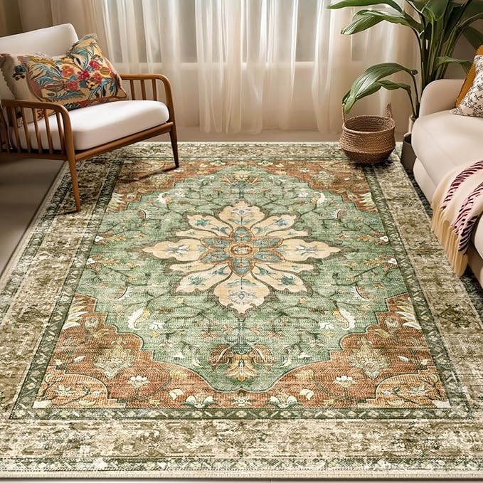 RELEANY Area Rugs 5'x7' Washable Non-Slip, Floral Vintage Distress Medallion by RELEANY