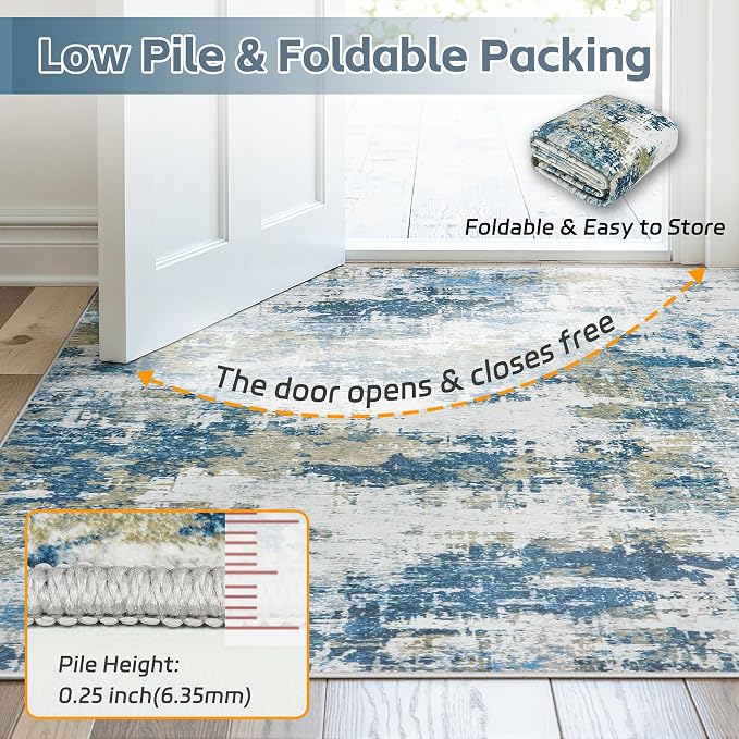 4x6 Area Rugs for Living Room Washable: Abstract Soft Thin Low Pile Blue Rug - Image 7