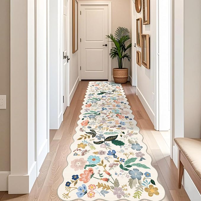 Washable 3x12 Hallway Runner Rug: Soft Floral Scalloped Runners - Image 2
