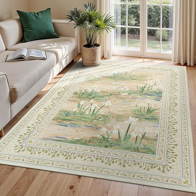 Lessymo Dining Room Rugs for Under Table, 6x9 Washable Floral Area Rug for by Lessymo