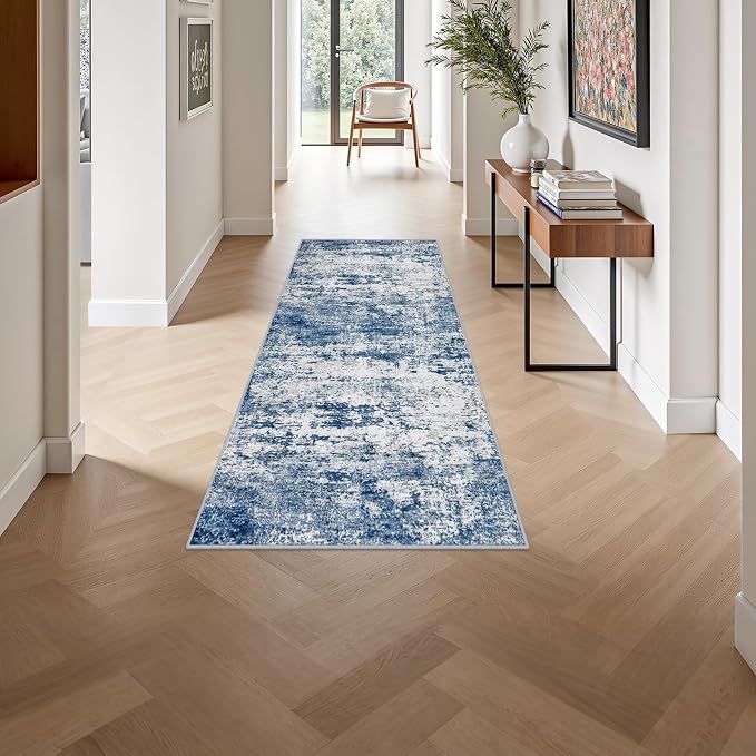 2'x5'Runner Rug Washable Rug: Modern Abstract Soft Thin Runner Rug Blue - Image 4