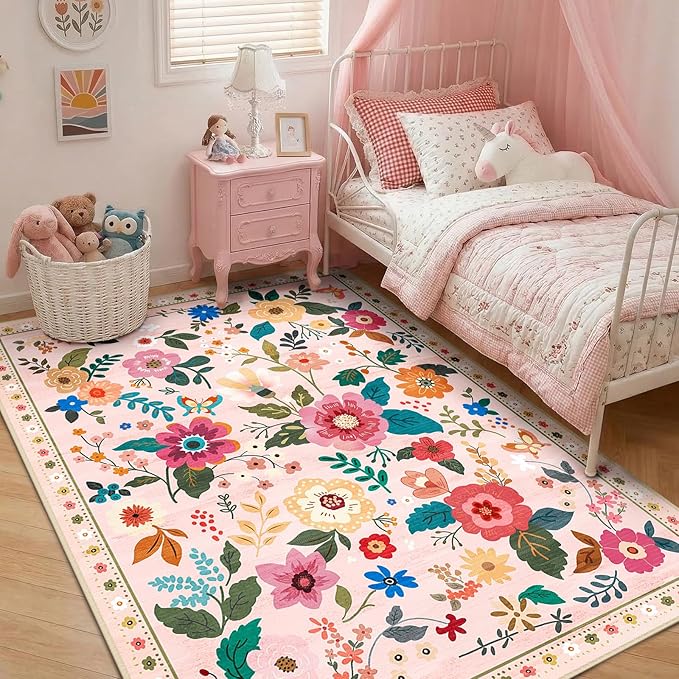 RELEANY Floral 5x8 Area Rugs Washable Print Boho Cute Carpet Non Slip Flower - Image 2