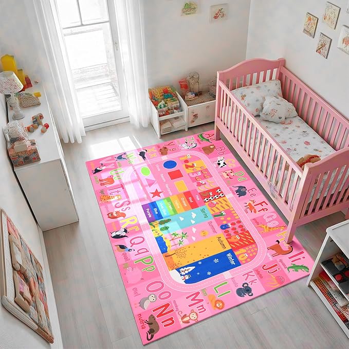Pink Kids Rug for Playroom Classroom, ABC Alphabet Numbers Play Toddlers Rugs - Image 4