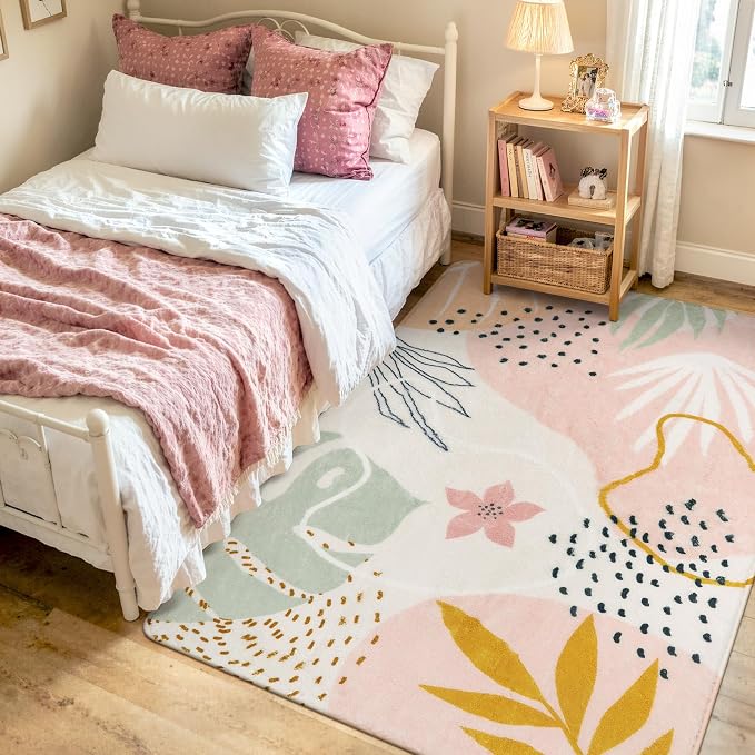 Lahome Pink Boho Bedroom Rug 5x7, Washable Non Slip Soft Botanical Area Rug by Lahome