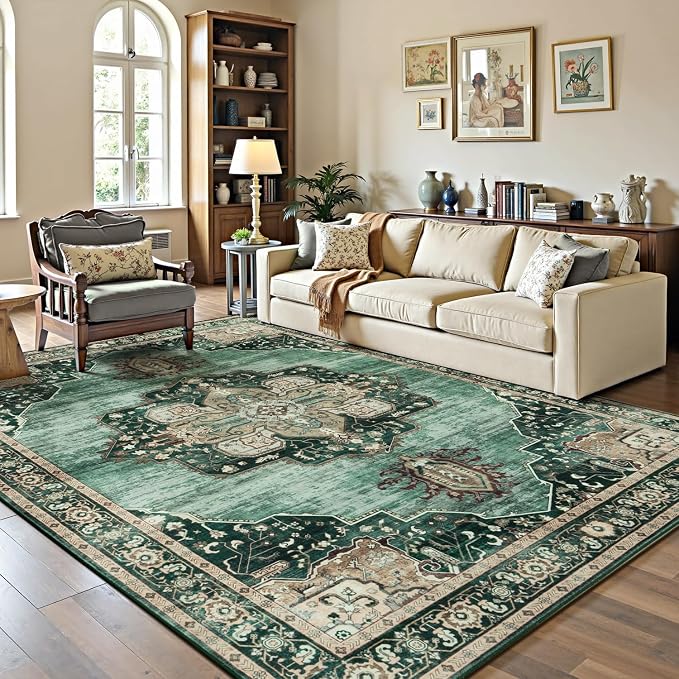 Lofus 5x7 Emerald Green Washable Rugs Non-Slip, Vintage Floral Area Rug - Image 2
