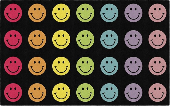 Flagship Carpets Rainbow Smileys in Black Criss-Cross Applesauce Educational by FlagshipCarpets