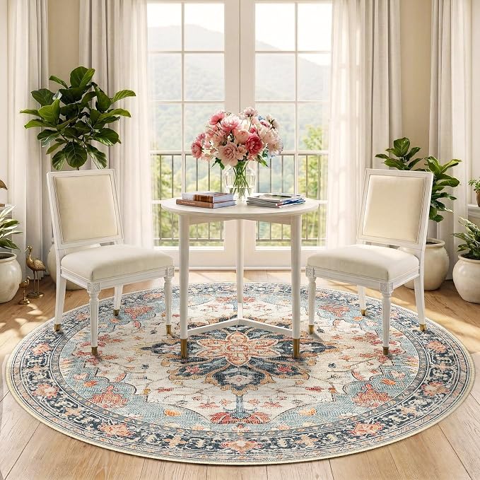 RELEANY Area Rugs Round 5ft Washable Non-Slip, Floral Vintage Distress - Image 2