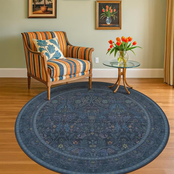 Washable 6ft Round Living Room Rug, Thin Circle Rug by Evyhood