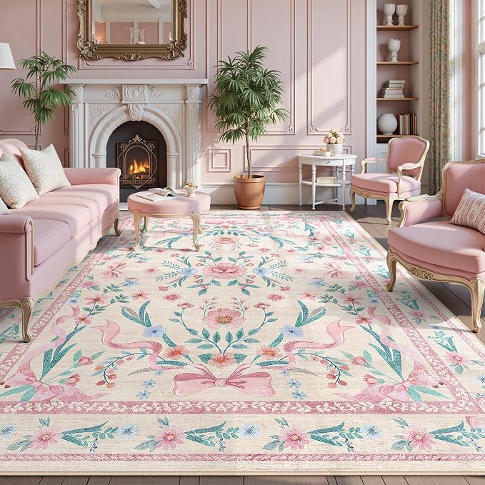 Pink Floral Bow Rug 8x10 for Living Room, Washable Non Slip Area Rug, Soft Boho by KiginaraArt