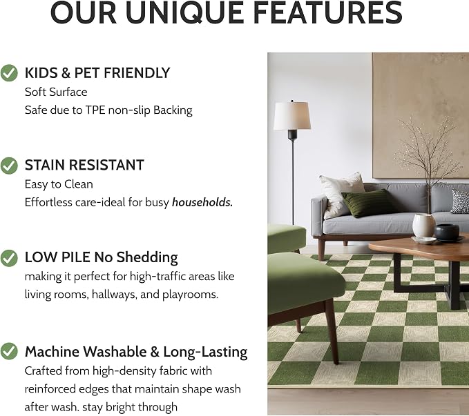 5x8 Checkered Washable Area Rug, Non-Slip Farmhouse Checkerboard Carpet - Image 7