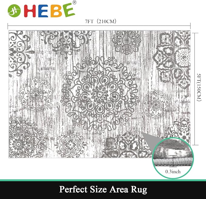 HEBE Area Rugs for Living Room 5'x7', Washable Non Slip Boho Bedroom Rug - Image 2