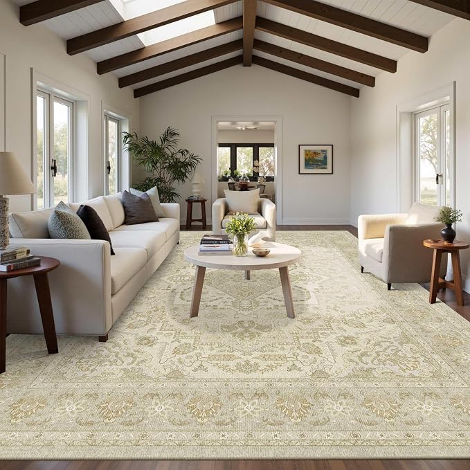 Latte&Fog 9x12 Area Rug for Living Room, Extra Large Vintage Beige Washable Rugs - Image 3
