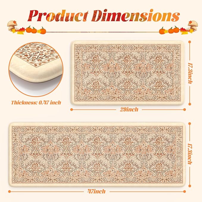 Collive Kitchen Mats Cushioned Anti Fatigue, Fall Vintage Floral Kitchen Rug - Image 2