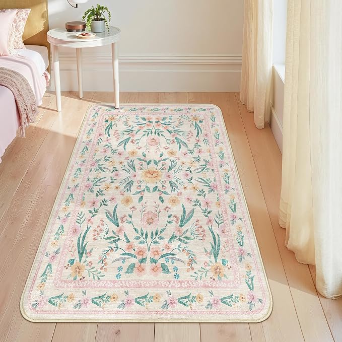 Pink Floral Rug 3x5 for Girls Bedroom, Washable Non-Slip Nursery Rug, Soft Cute by Dadasgk