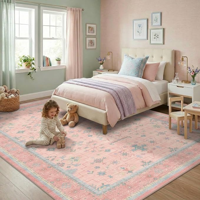 Washable Pink and Blue 6x9 Oushak Rugs by HazoHaus